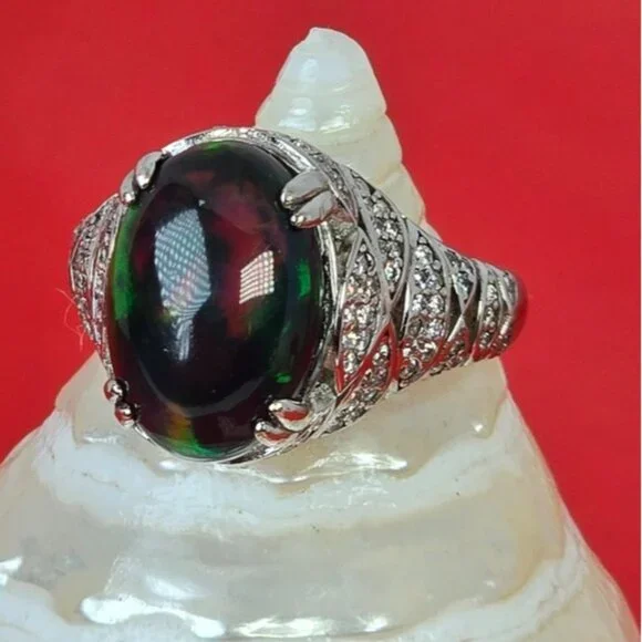 925 Sterling Silver Ring SZ 6.5 with Natural Black Opal & Cz